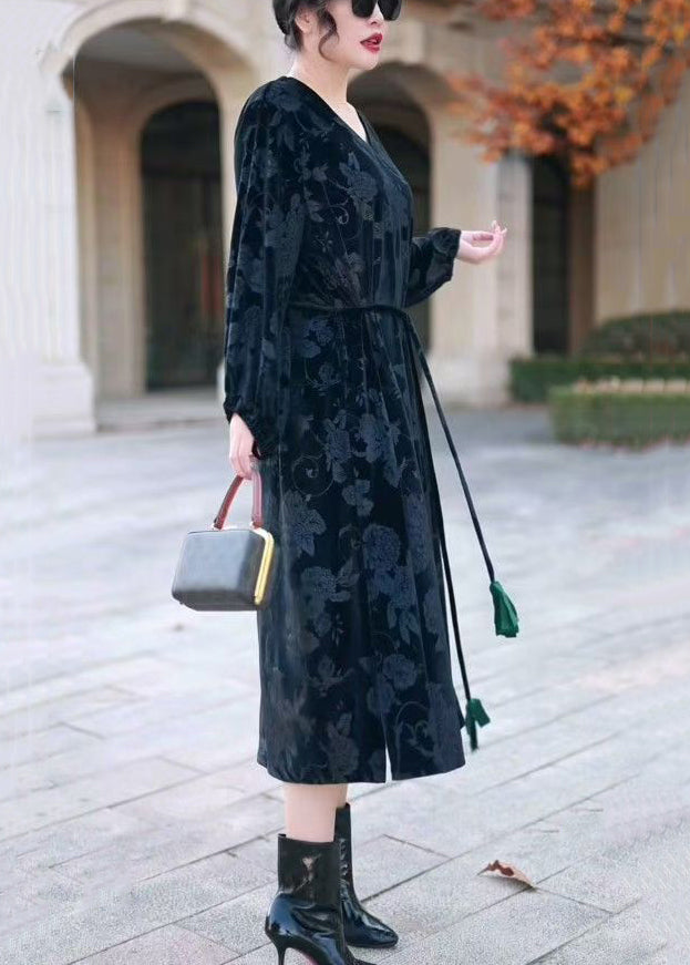 Black Side Open Silk Velour Long Dress V Neck Winter