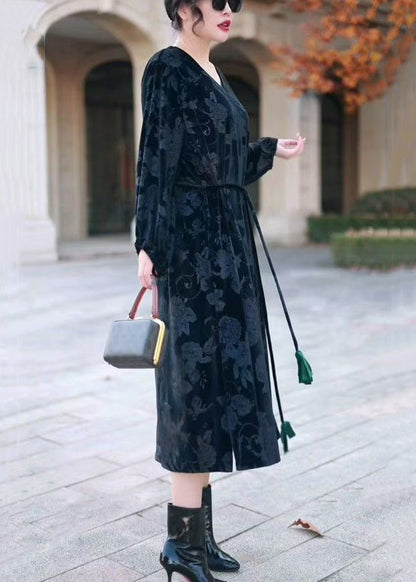 Black Side Open Silk Velour Long Dress V Neck Winter