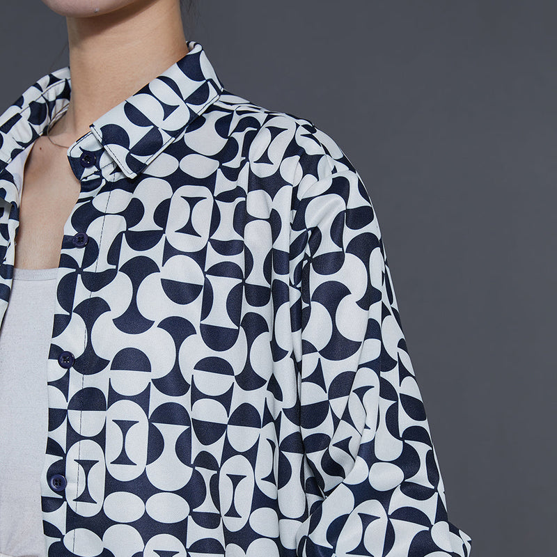 French Black Oversized Print Chiffon Shirt Tops Summer
