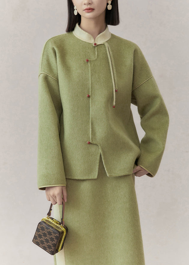 Green Stand Collar Tasseled Patchwork Woolen Two Pieces Set Fall