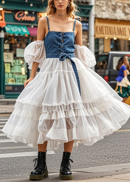 Cold Shoulder Patchwork Denim Tulle Maxi Dresses Puff Sleeve