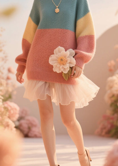 French Colorblock O Neck Knit Sweater Fall