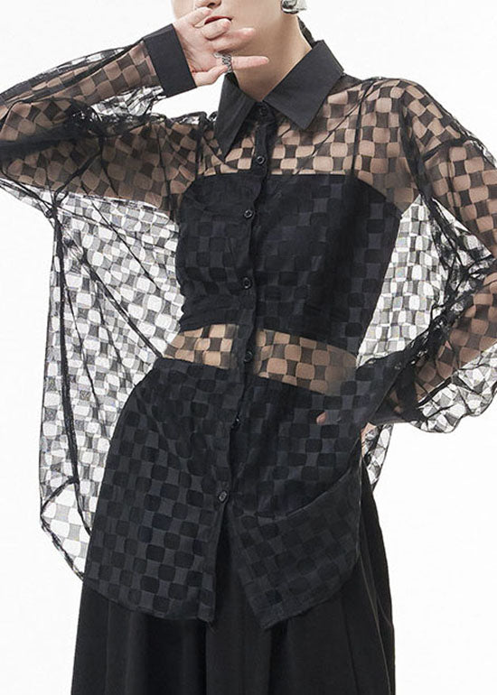 Loose Black Hollow Out Peter Pan Collar Plaid Patchwork Lace Shirts Spring
