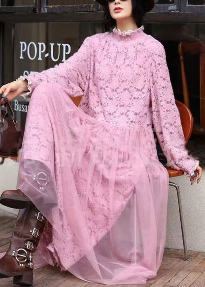 Pink Ruffled Tulle Patchwork Lace Long Dress Spring