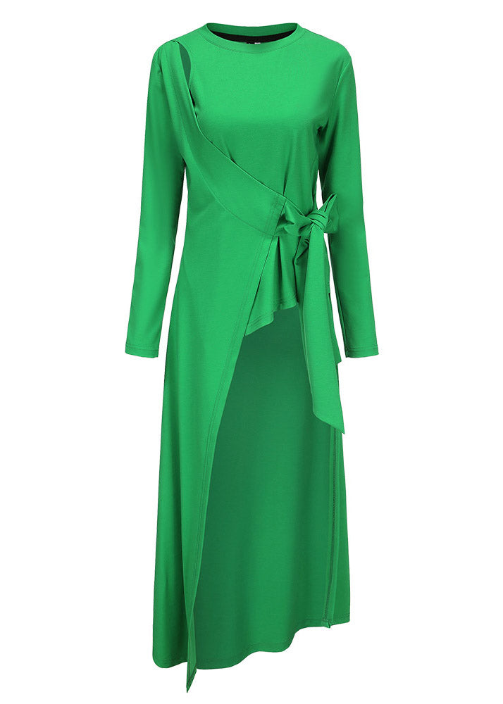 Novelty Green O-neck Asymmetrical Patchwork Tie Waist Long Top Long Sleeve