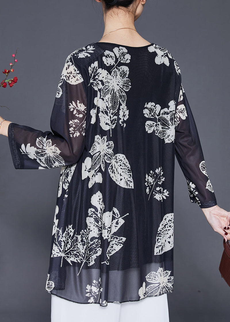 Black Oversized Print Silk Shirts Spring