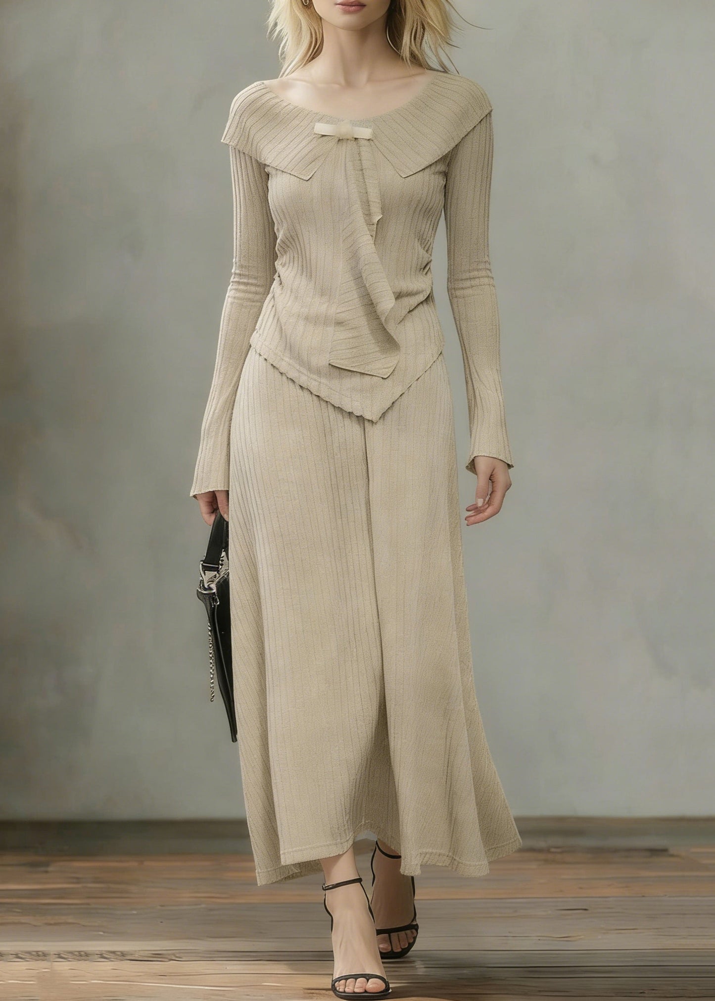 Art Khaki Asymmetrical Tops and Skirts Knit Two Pieces Set Spring