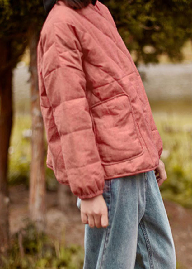 Pink Pockets Cotton Filled Coats V Neck Spring