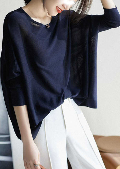 Navy O-neck Oversized Knit Top Batwing Sleeve
