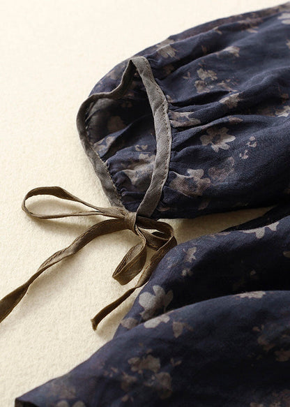Navy O Neck Lace Up Print Linen Tops Bracelet Sleeve