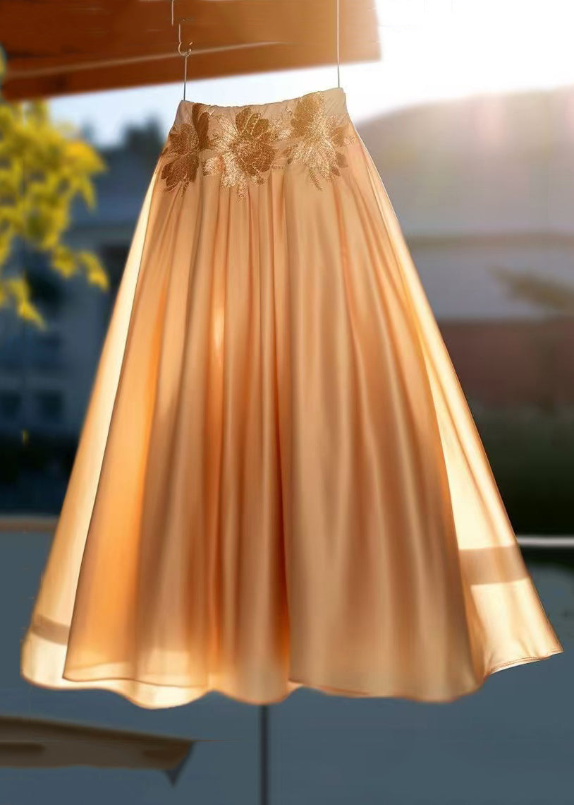 Champagne Gold Embroidered High Waist Cotton Skirts Summer