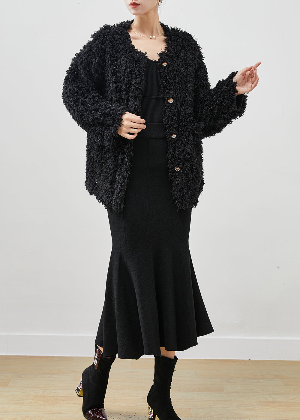 Modern Black Sequins Faux Fur Coats and Dress Two-piece Set Winter