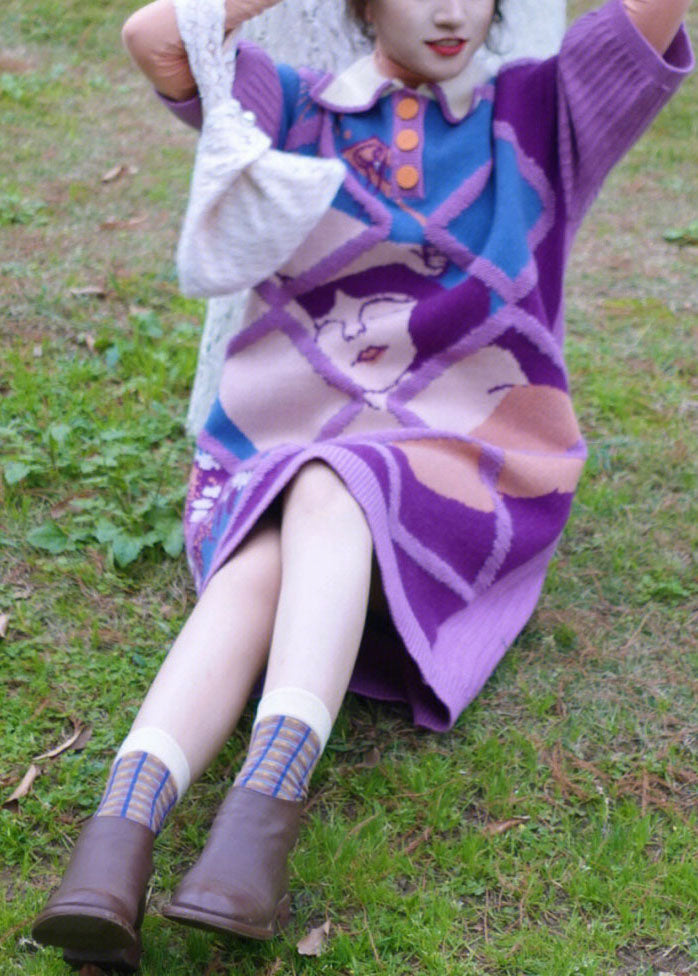 Purple Peter Pan Collar Print Warm Cotton Knit Long Sweaters Dress Fall