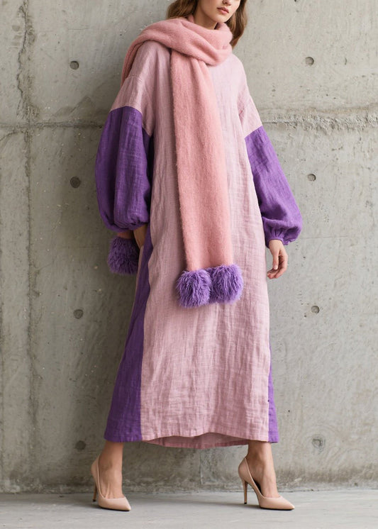 Colorblock O Neck Patchwork Cotton Dress Fall