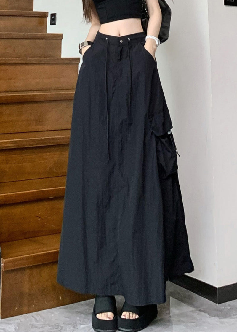 Black Pockets Drawstring High Waist Cotton Skirts Summer