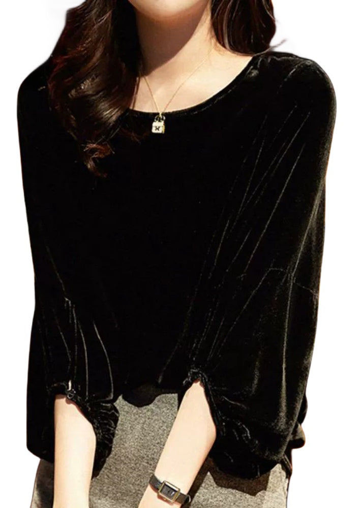 Style Versatile Black O Neck Velour Blouse Top Lantern Sleeve