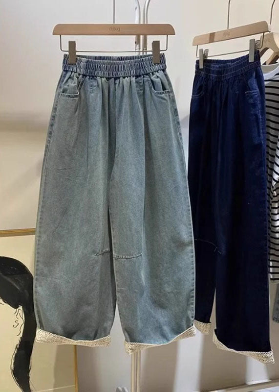 Light Blue Pockets Elastic Waist Crop Jeans Fall
