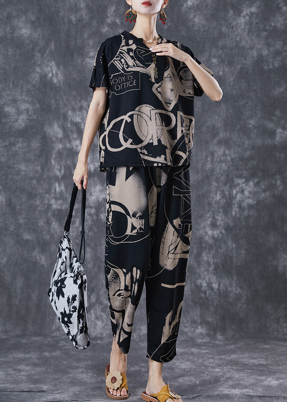 Black V Neck Print Cotton Two Piece Set Clothing Summer