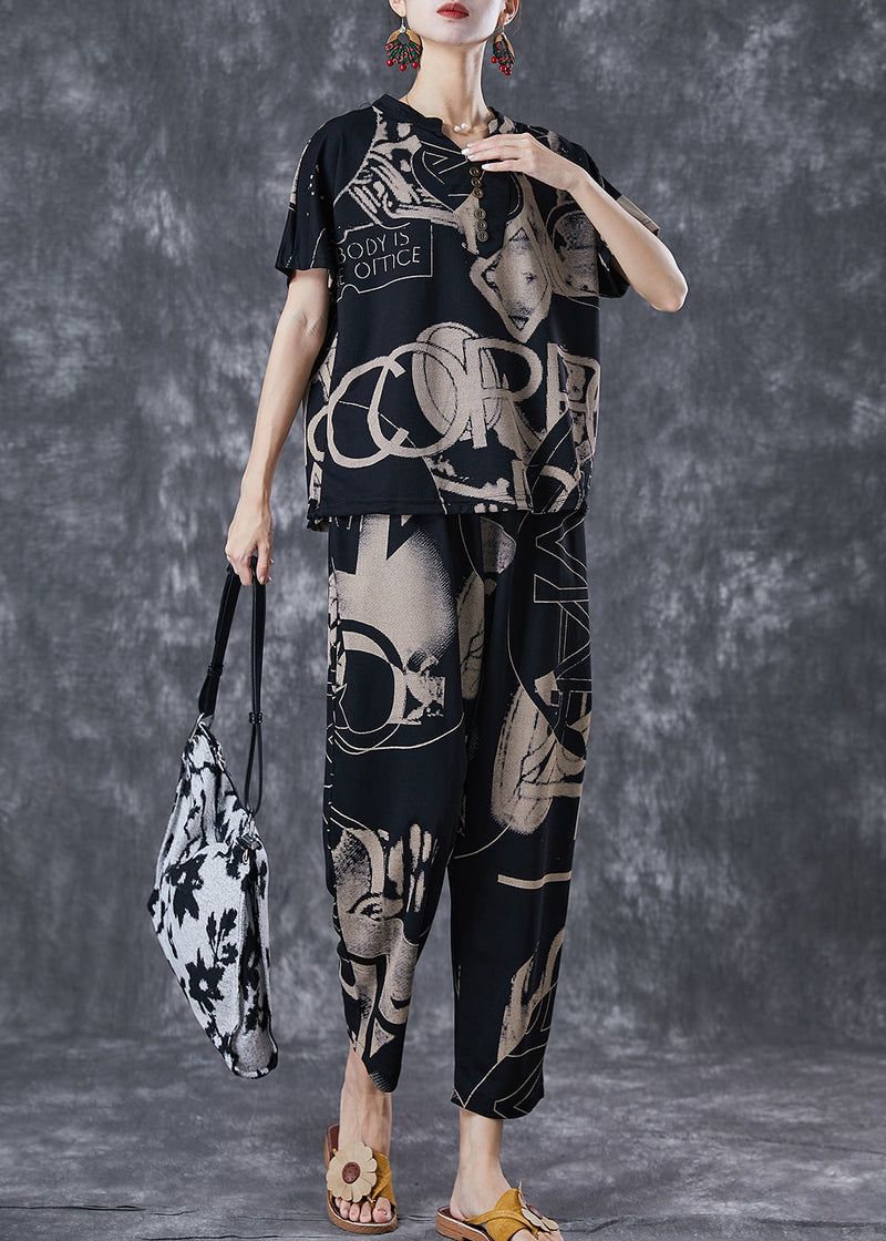 Black V Neck Print Cotton Two Piece Set Clothing Summer