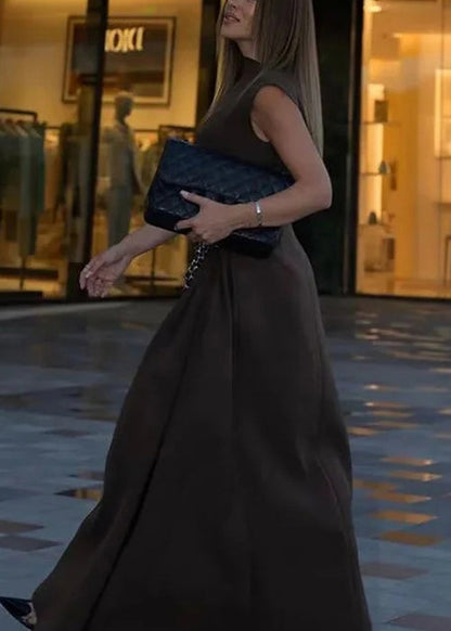 French Coffee Turtleneck High Waist Cotton Long Dress Sleeveless