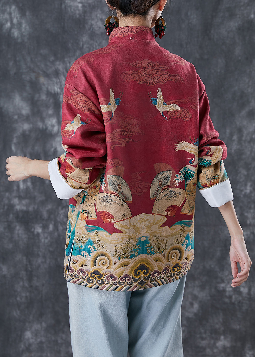 Red Mandarin Collar Print Cotton Shirt Top Spring