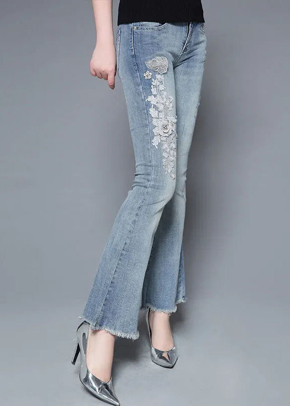Light Blue High Waist Nail Bead Applique Cotton Denim Flare Pants Summer