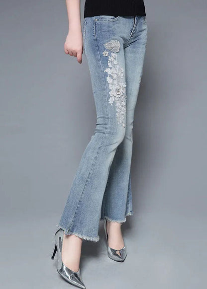 Light Blue High Waist Nail Bead Applique Cotton Denim Flare Pants Summer