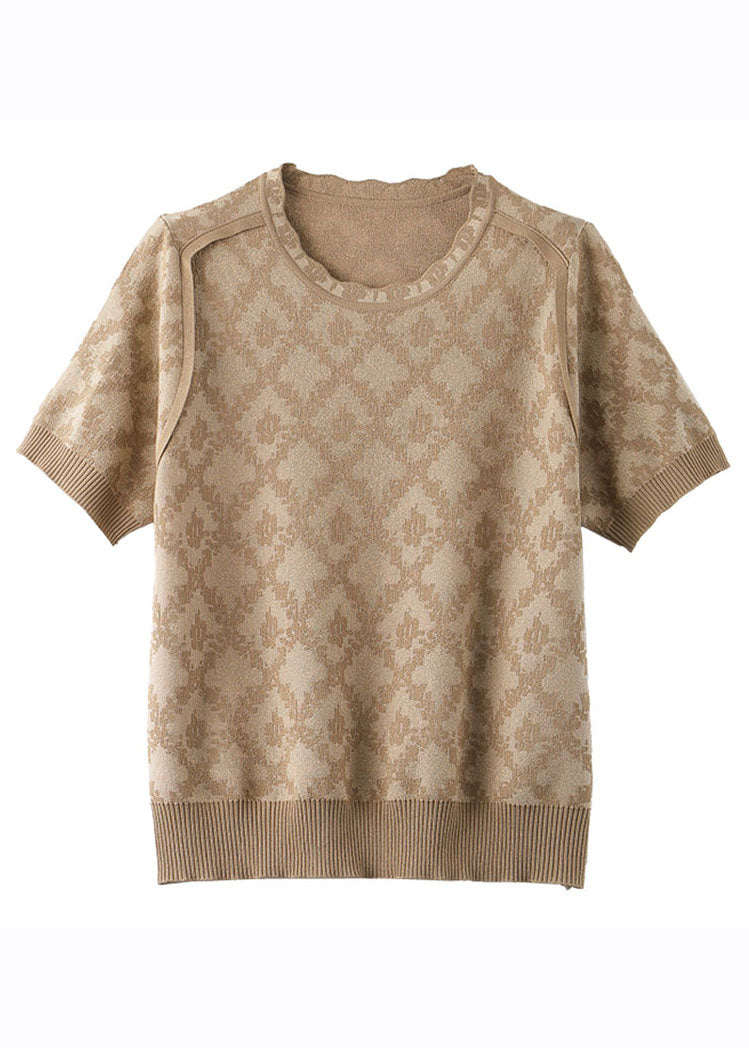 Art Khaki O-neck Print Knit Top Short Sleeve