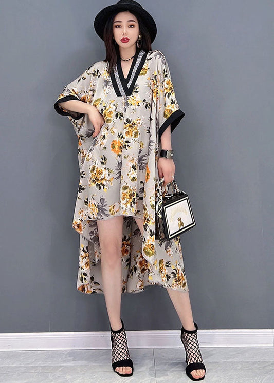 Yellow V Neck Asymmetrical Print Chiffon Beach Dress Batwing Sleeve