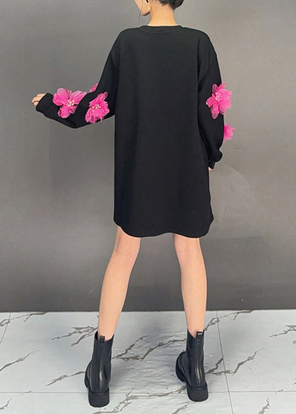 Stylish Black O Neck Decorated Cotton Pullover Top Fall