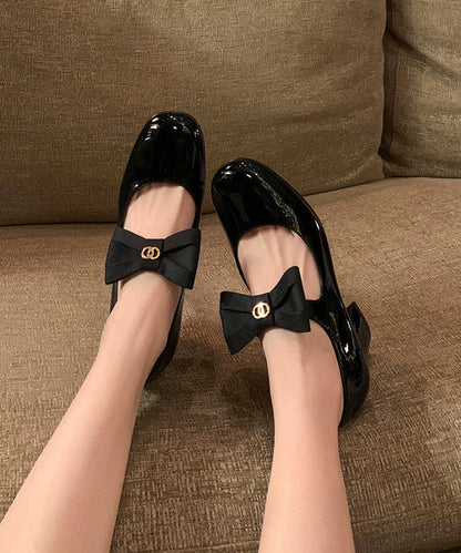 French Bow Splicing Chunky Heel Black Cowhide Leather