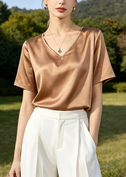Apricot V Neck Silk Blouse Tops Summer