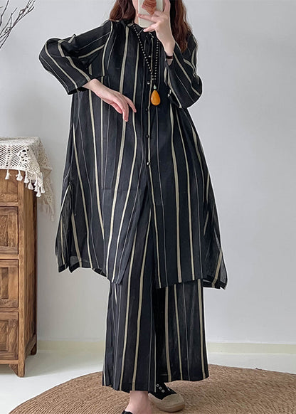 Black Oversized Striped Linen Silk Two Pieces Set Fall
