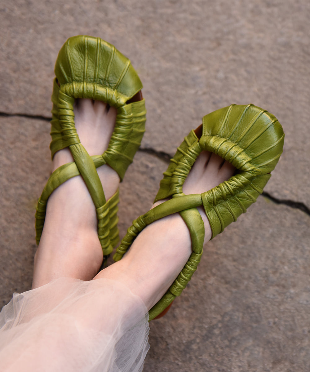 Splicing Sandals Green Cowhide Leather Hollow Out Cross Strap