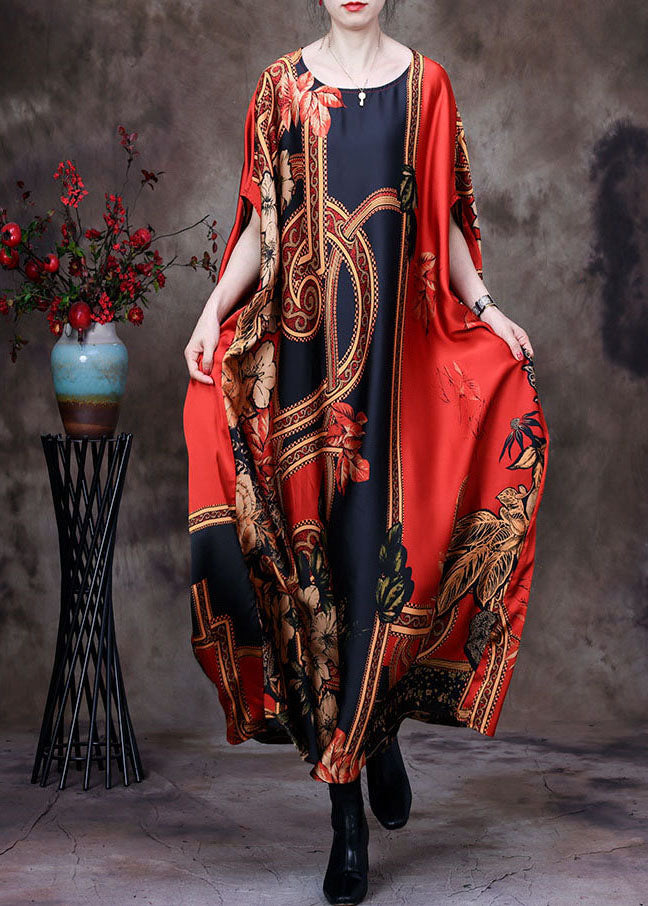 Red O-neck Oversized Print Silk Long Dress Short Sleeve