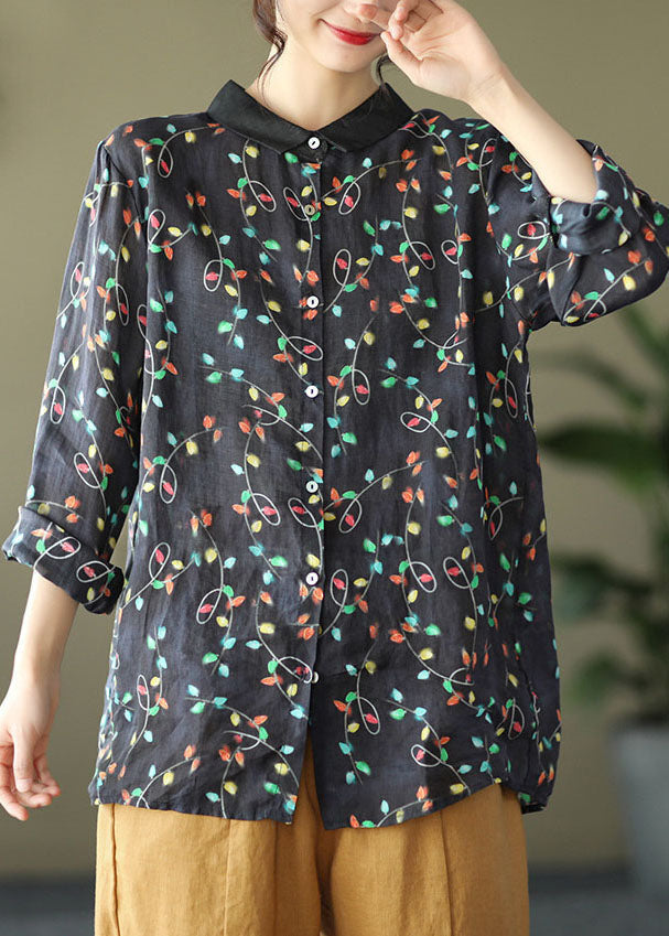 Black Ramie Loose Blouse Top Peter Pan Collar Long Sleeve