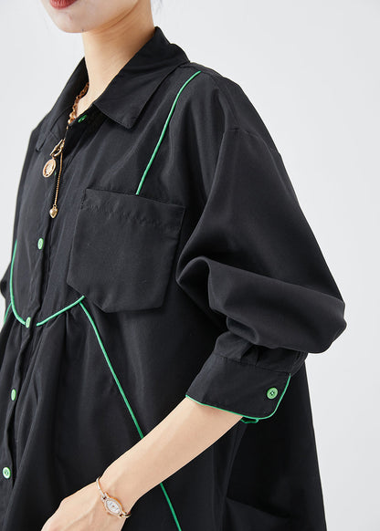French Black Oversized Low High Design Cotton Shirt Dress Fall