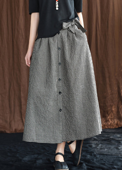 Black Bow Button Pockets Plaid Linen a Line Skirts Summer
