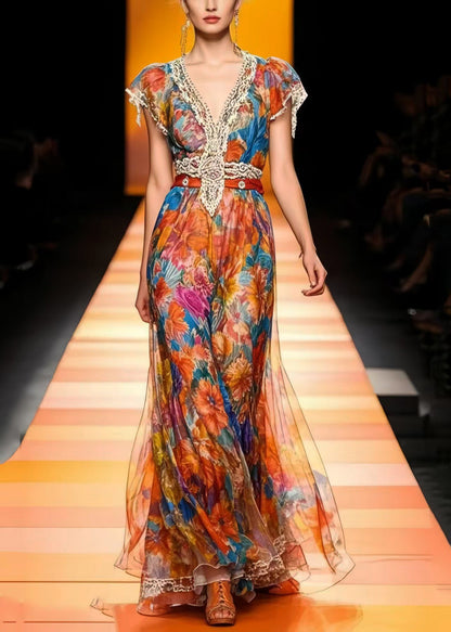 Modern Cinched Print Chiffon Long Dresses Summer