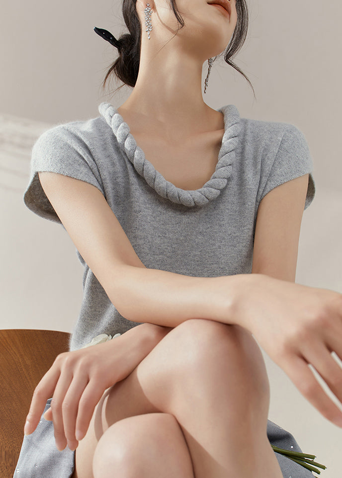 Simple Grey O Neck Cable Knit Sweater Summer