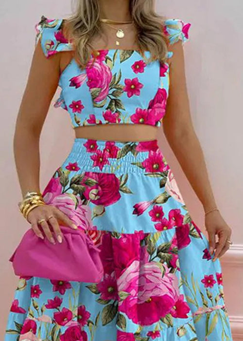 Art Blue Print Tank and Elastic Waist Skirts Cotton Two Pieces Set Summer
