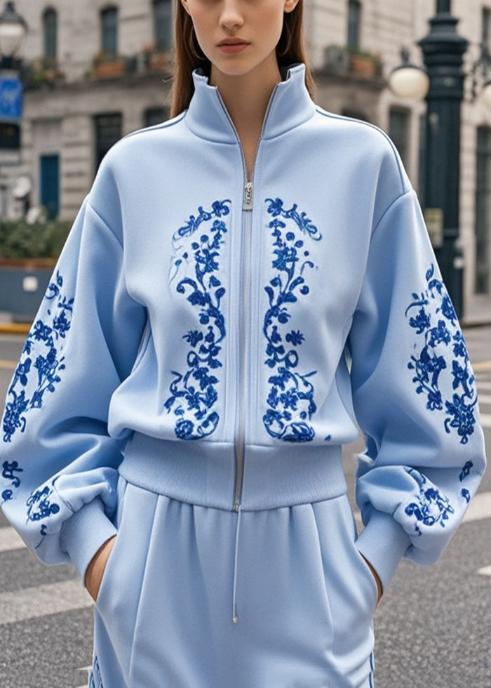 Baby Blue Print Cotton Jackets Stand Collar Fall