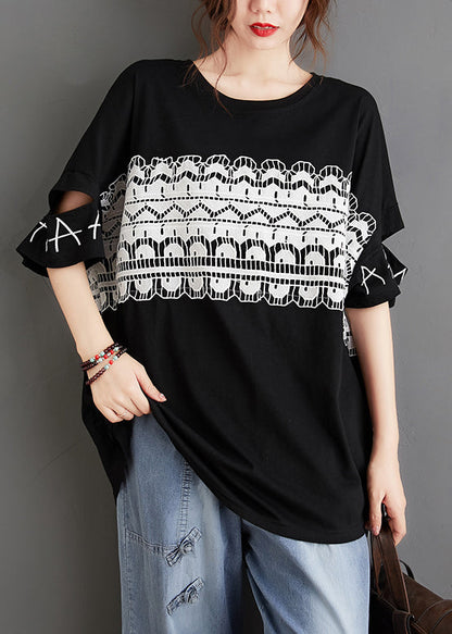 French Black O-neck Hollow Out Lace Patchwork Top Short Sleeve