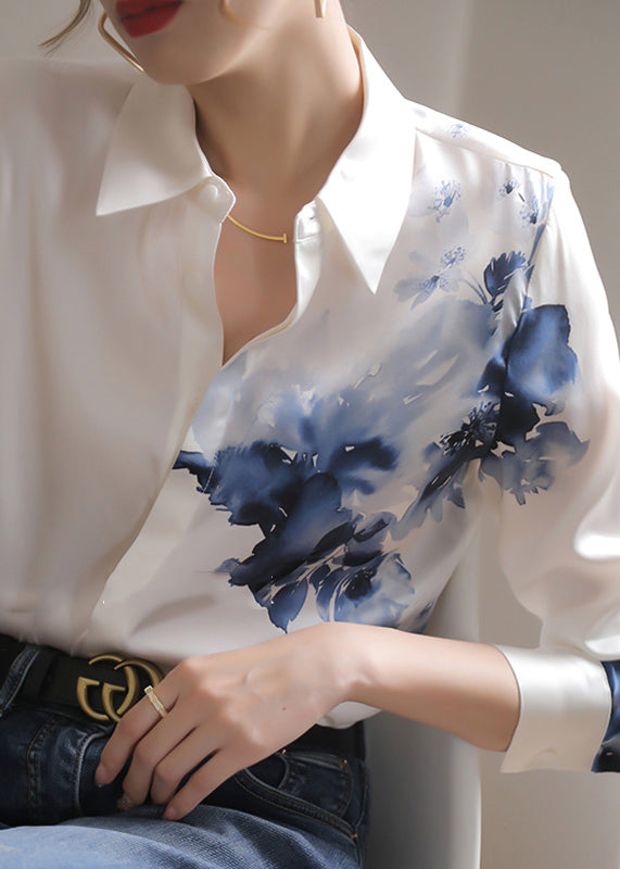 Fine White Peter Pan Collar Print Button Silk Shirt Long Sleeve