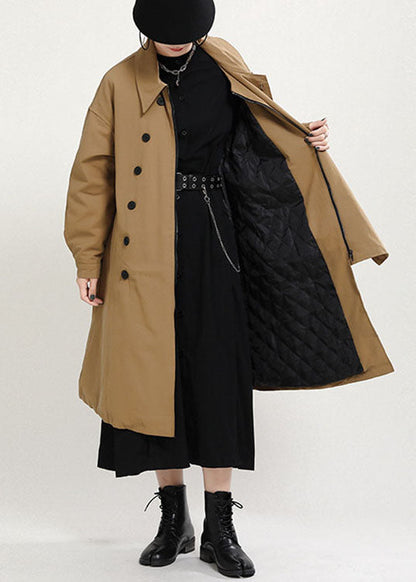 Khaki Peterpan Collar Button Pockets Patchwork Fall Thick Coats Long Sleeve