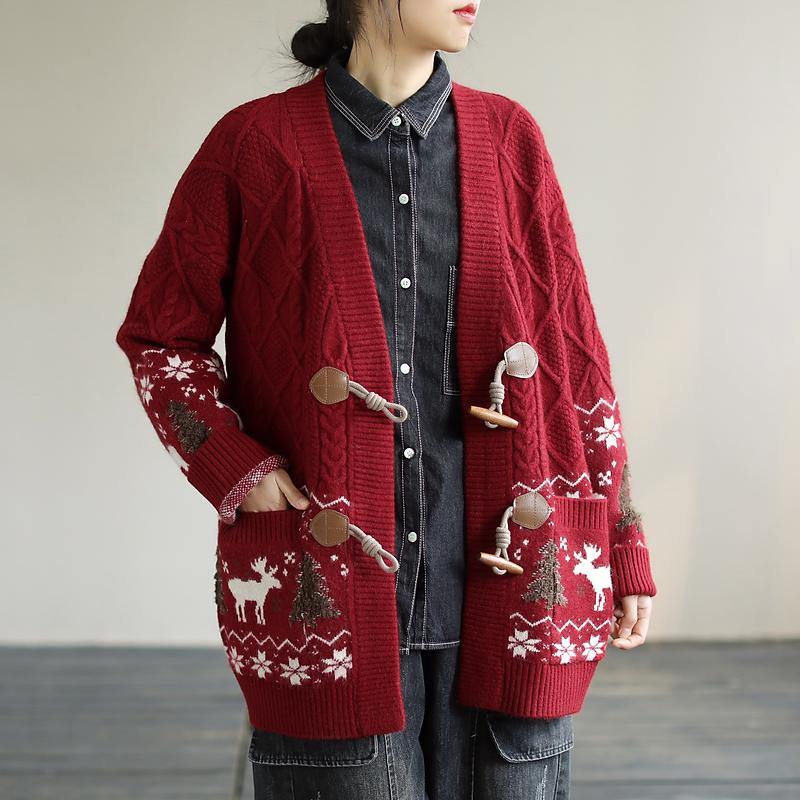 Aesthetic Red Knit Jacket Loose Fitting Loose Deer Print Knit Outwear