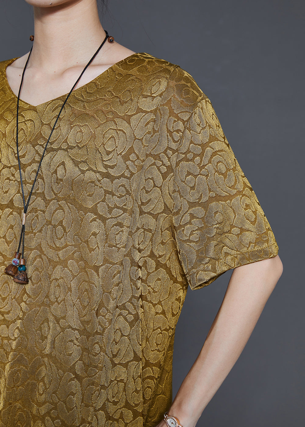 Yellow Jacquard Side Open Chinese Button Silk Sets 2 Pieces Summer