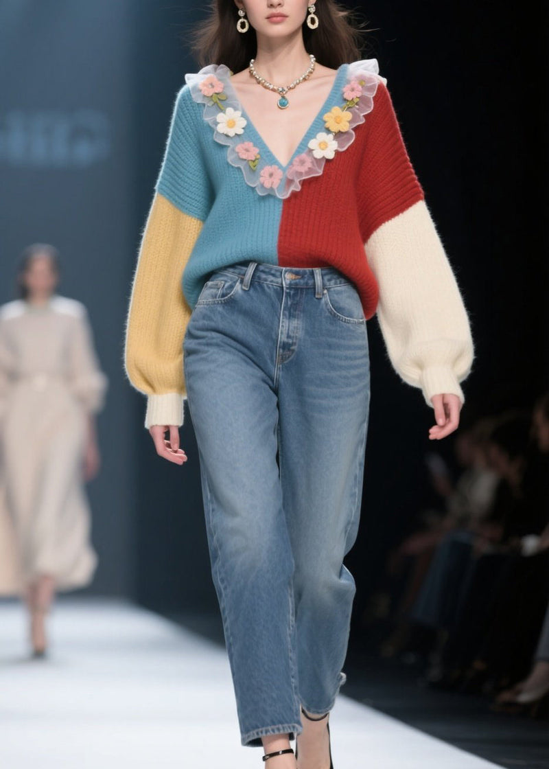 V Neck Ruffled Knit Sweaters Winter