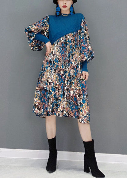 Boutique Blue O-neck Knit Patchwork Chiffon Holiday Dress Spring