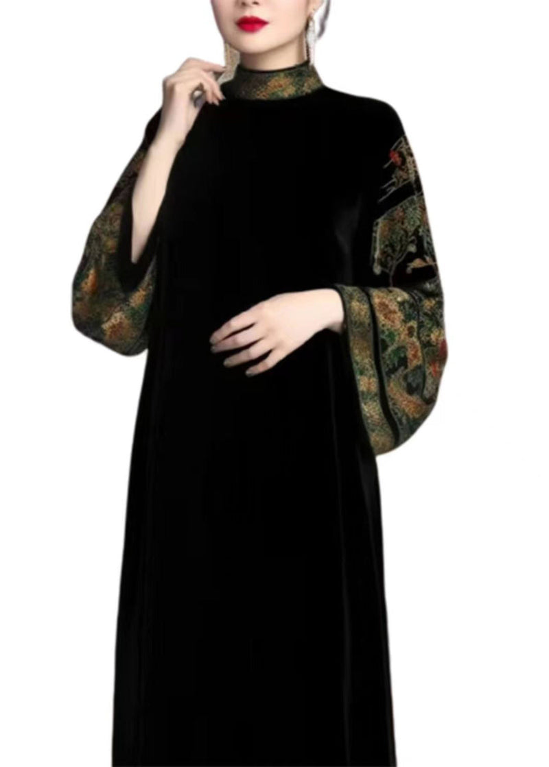 Black Turtleneck Print Patchwork Silk Velour Long Dresses Fall